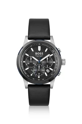 Montre chronographe avec cadran noir et bracelet en cuir noir