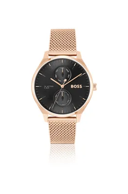 Montre à cadran noir et bracelet en maille milanaise or rose incarnat