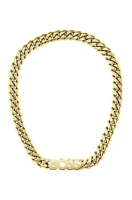 Collier chaîne à maillons arrondis imitation or jaune et logo intégré