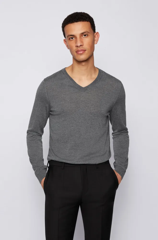 BOSS - Cotton-blend V-neck sweater with cabled structure