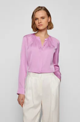 Ruched-neck blouse stretch-silk crepe de Chine