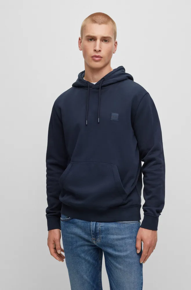 BOSS - Cotton-terry hoodie with logo patch Dark Blue