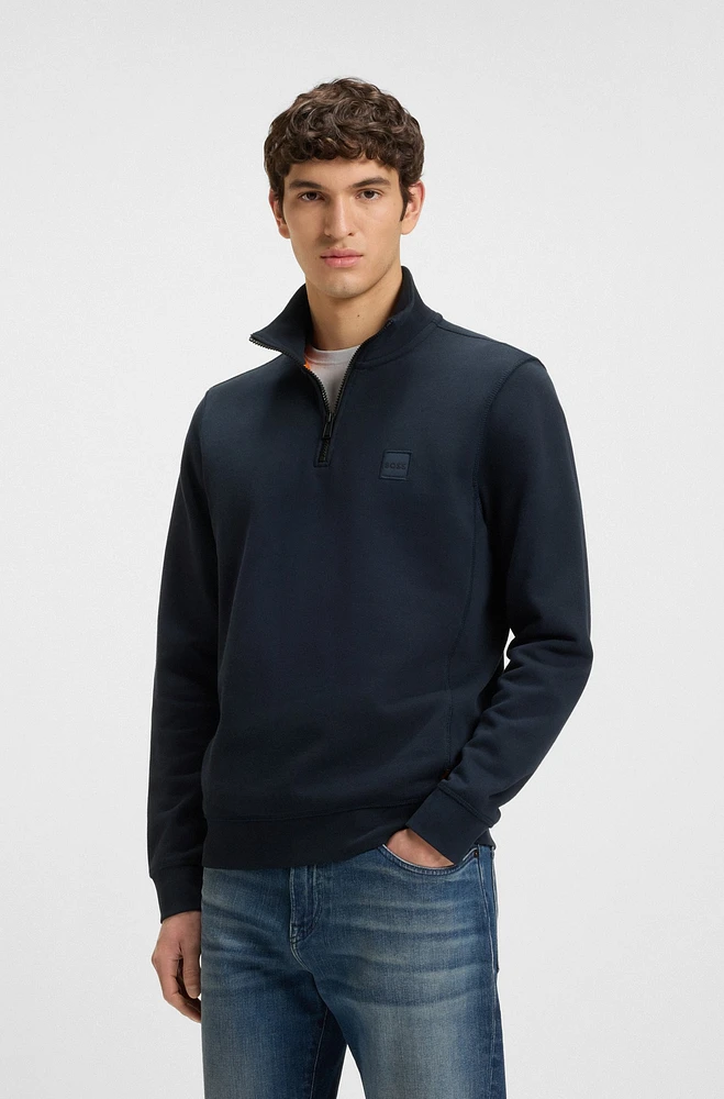 Zip-neck sweatshirt cotton terry with logo patch