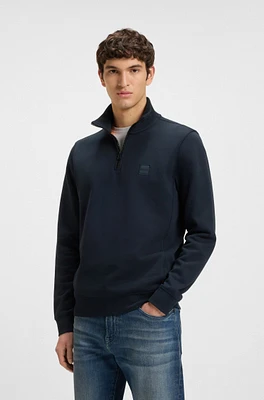 Zip-neck sweatshirt cotton terry with logo patch
