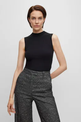 Sleeveless mock-neck top with ribbed structure