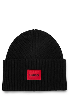 Wool-blend beanie hat with red logo label