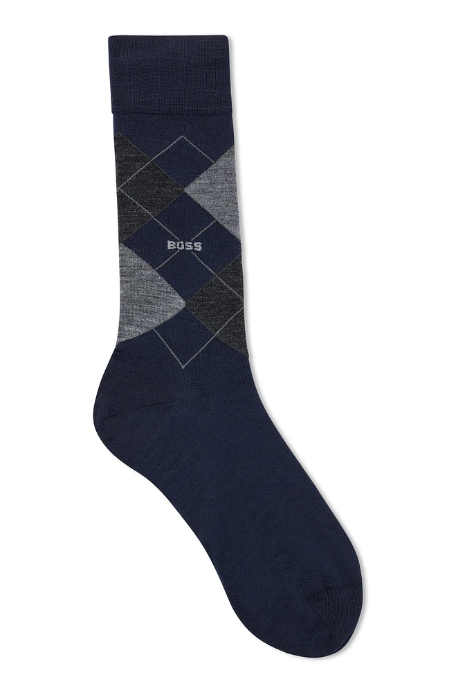 BOSS - Regular-length wool-blend sock with Argyle pattern - Dark Blue