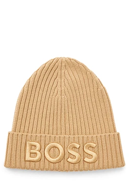 Ribbed beanie hat in virgin wool with embroidered logo