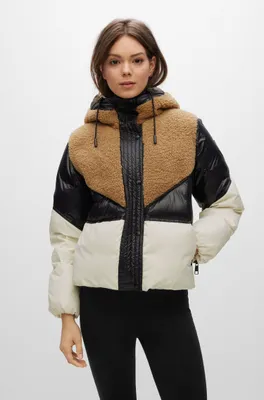 Mixed-material down-filled jacket with teddy panels