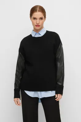 BOSS - Wool sweater with faux-leather sleeves Black