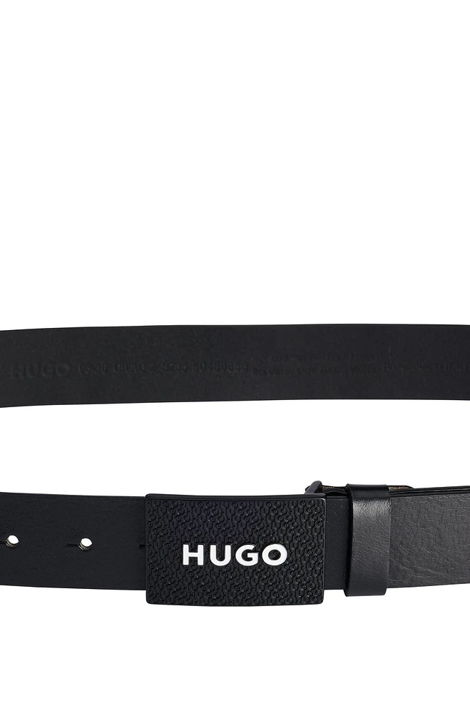 Italian-leather belt with branded plaque buckle