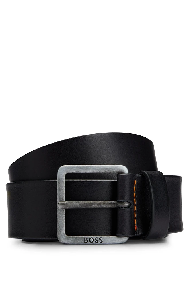 Leather belt with logo-engraved buckle