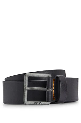 Leather belt with logo-engraved buckle