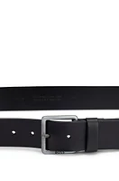 Leather belt with logo-engraved buckle