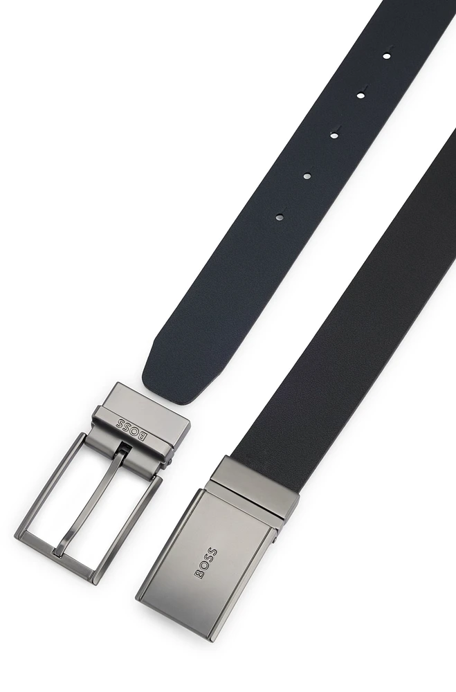 Italian-leather reversible belt with pin and plaque buckles