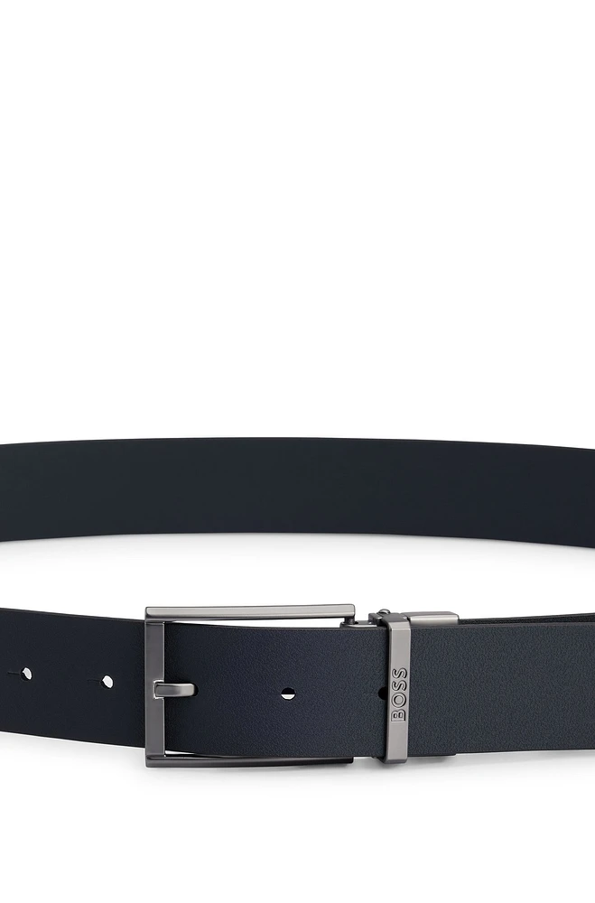 Italian-leather reversible belt with pin and plaque buckles