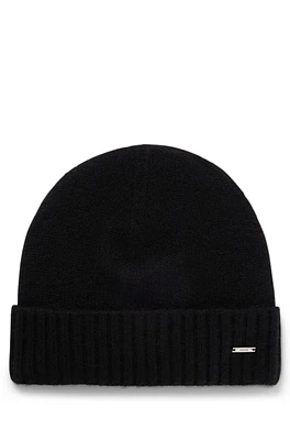 Cashmere beanie hat with metal logo plate and ribbed cuff