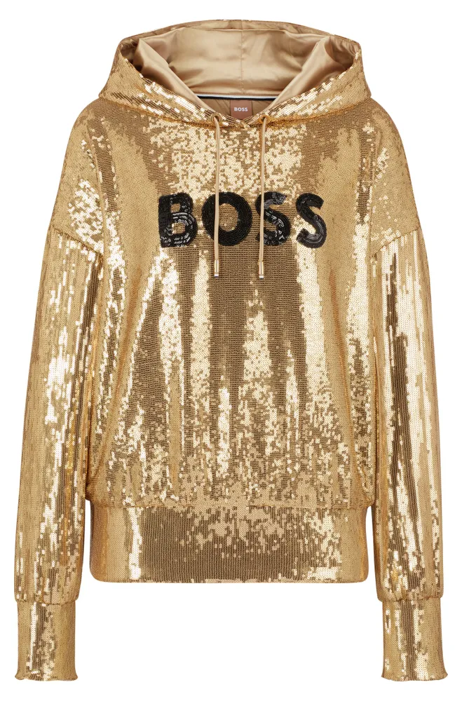 BOSS Relaxed-fit hoodie stretch material with sequinned logo