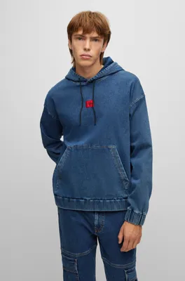 Jersey-denim hoodie with red logo label