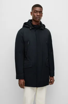 Down-filled hooded jacket with logo patch