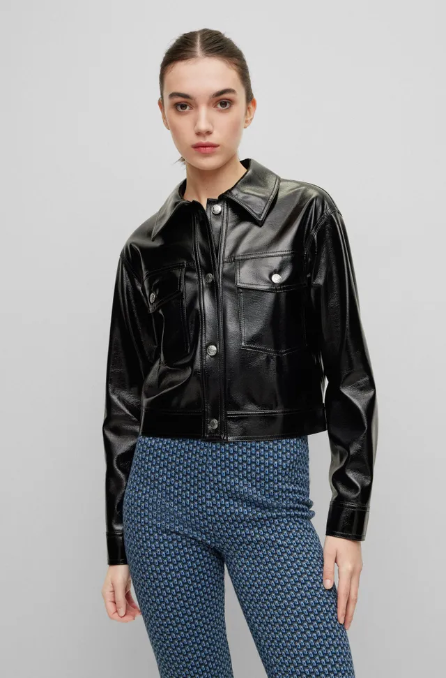 BOSS Cropped button-up leather jacket bonded with denim