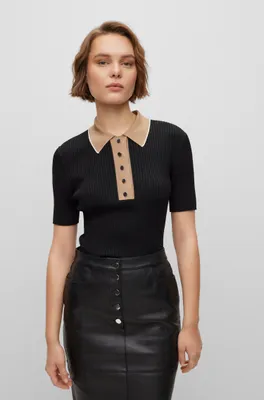 Slim-fit ribbed top with press-stud placket