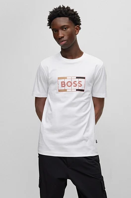 BOSS - Cotton slim-fit T-shirt with tennis-inspired logo print White