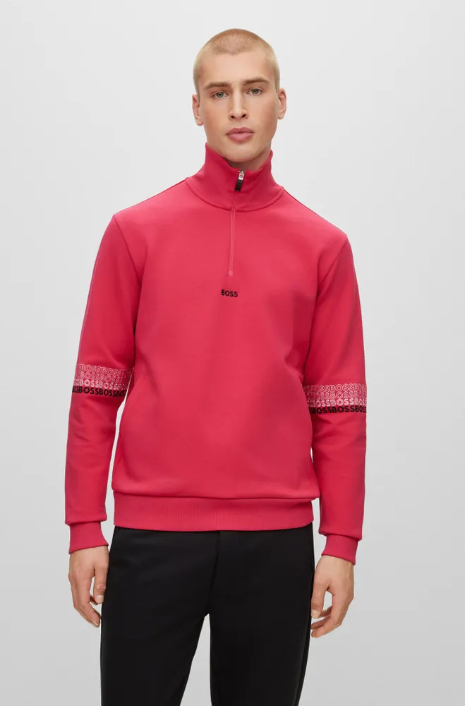 Cotton-blend zip-neck sweatshirt with multi-colored logos