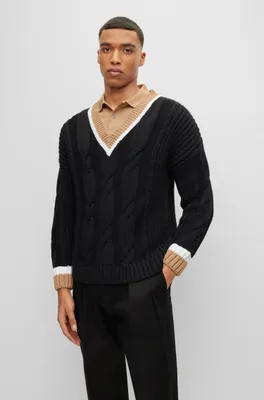 Cotton-blend V-neck sweater with cabled structure