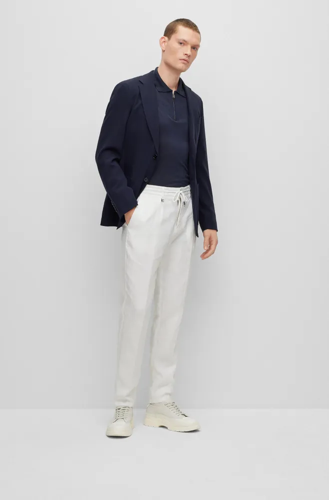 Linen-blend polo sweater with zip placket