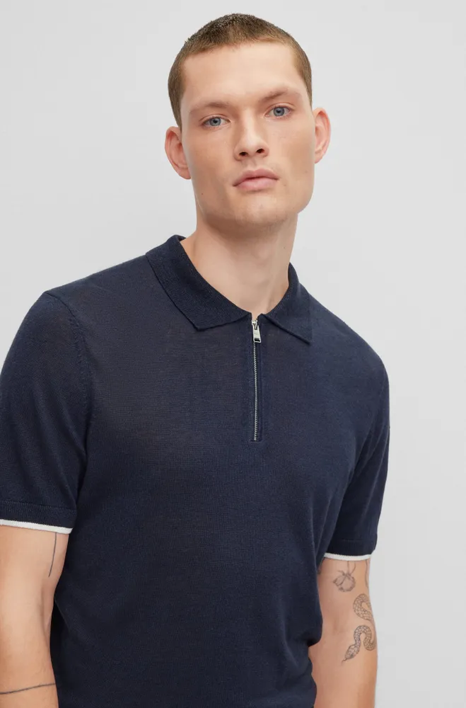 Linen-blend polo sweater with zip placket