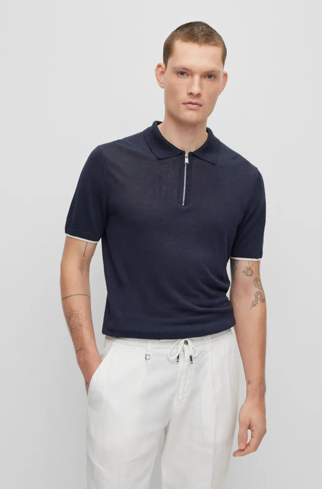 Linen-blend polo sweater with zip placket