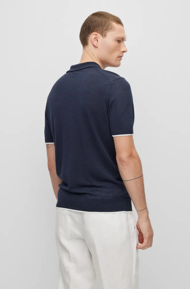 Linen-blend polo sweater with zip placket