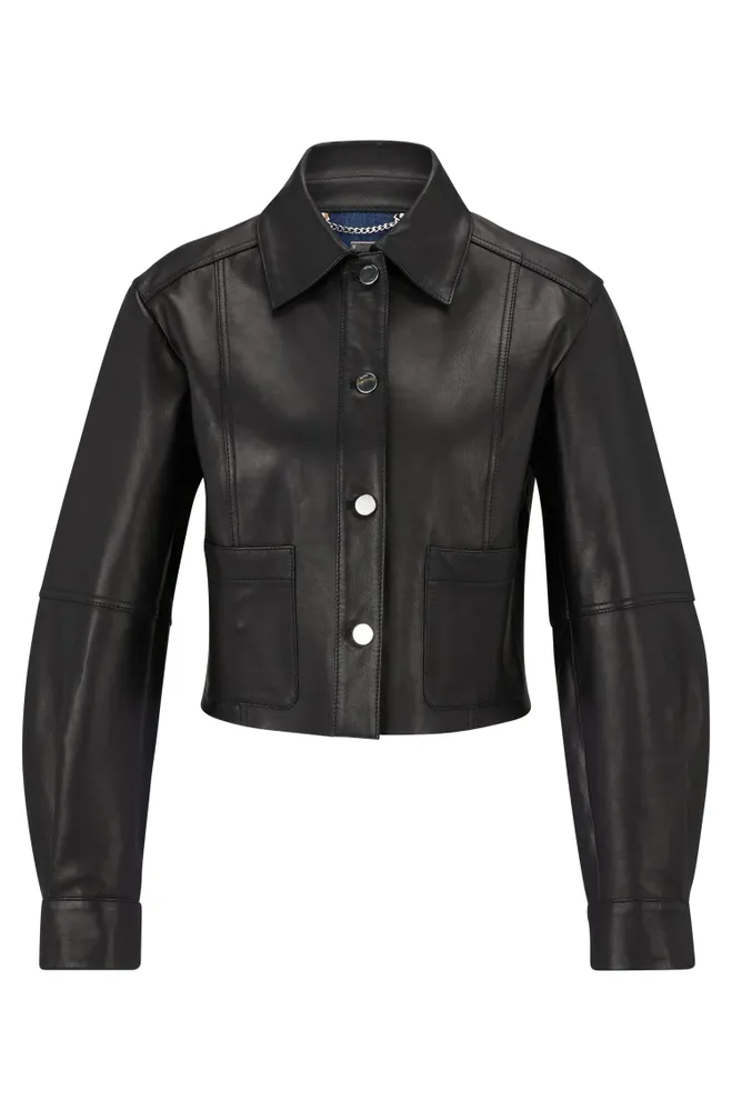 Cropped button-up leather jacket bonded with denim