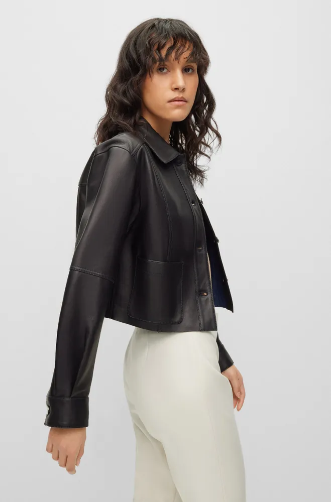 Cropped button-up leather jacket bonded with denim