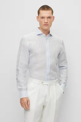 Slim-fit spread-collar shirt striped linen