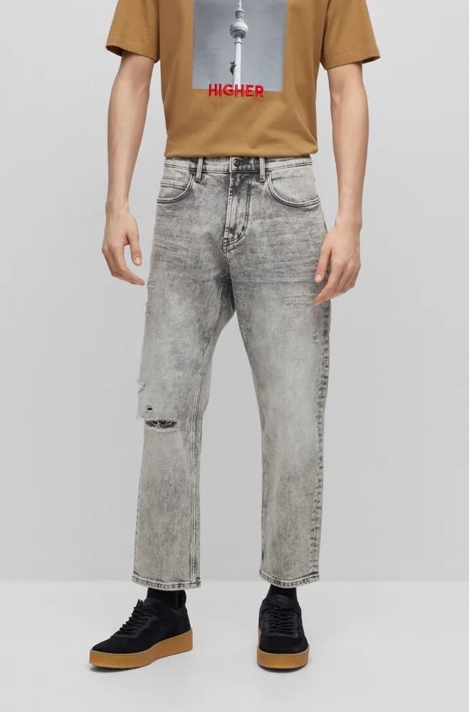 HUGO - Denim regular-fit jeans with stacked-logo jacquard