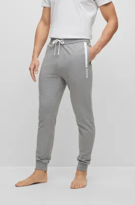 BOSS - Cotton-terry tracksuit bottoms with stripe and logo Grey