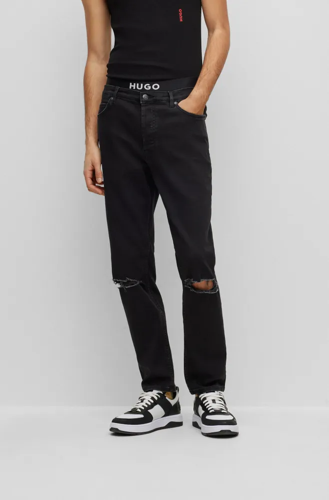 HUGO - Denim regular-fit jeans with stacked-logo jacquard