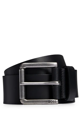 Leather belt with branded pin buckle