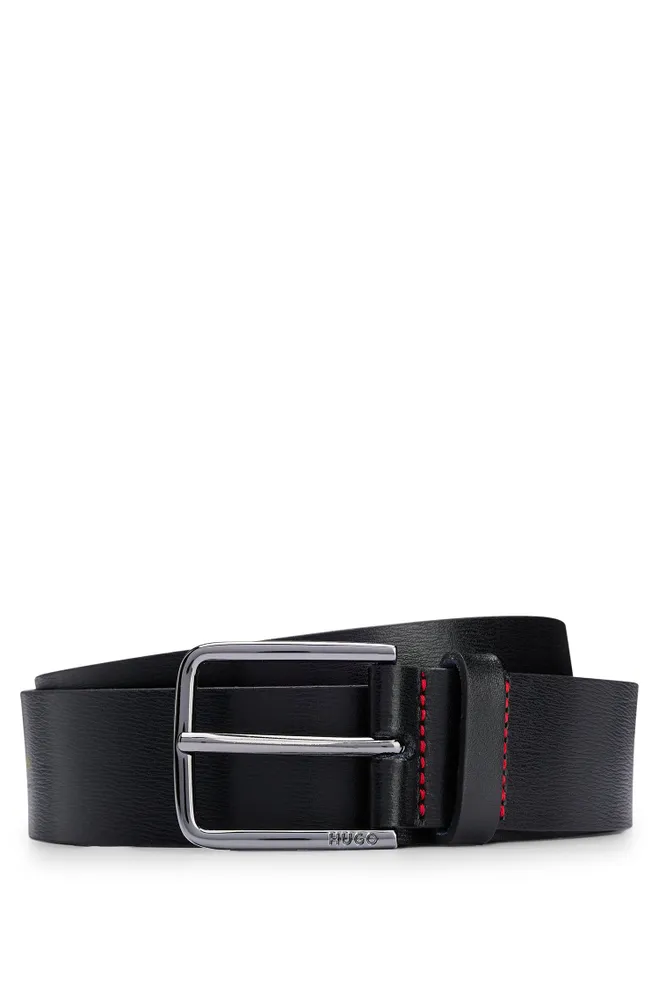 Grained-leather belt with logo buckle