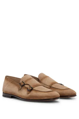 Suede monk shoes with double strap and branding