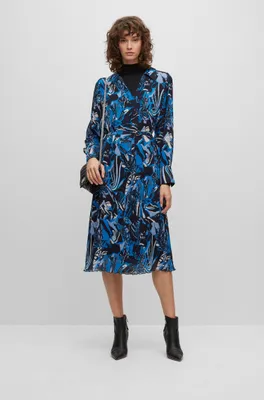 BOSS - Seasonal-print dress with belt and V neckline Patterned