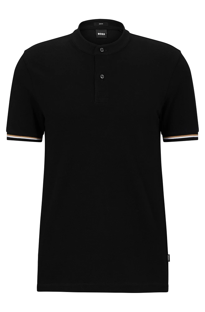 Collarless slim-fit polo shirt cotton piqu