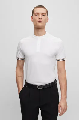 Collarless slim-fit polo shirt cotton piqué