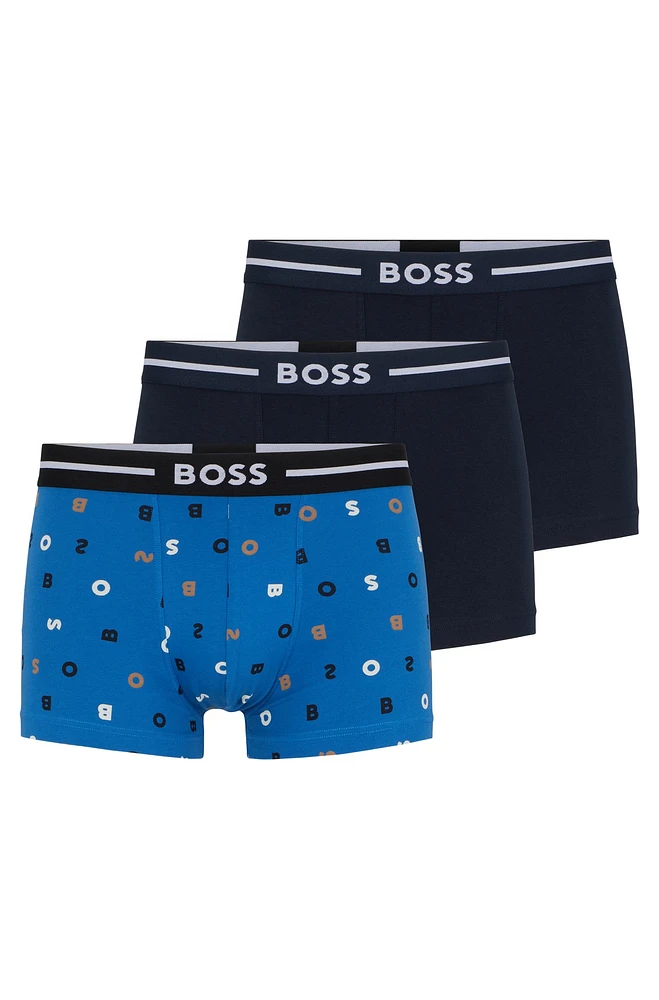 BOSS - Three pack of stretch-cotton trunks with logo waistbands Patterned