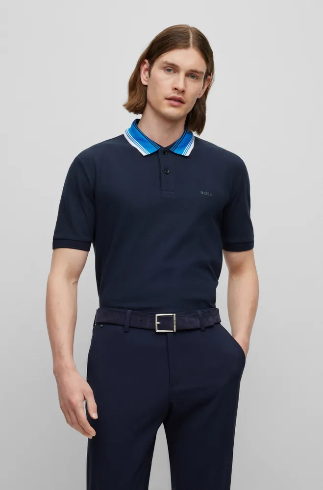 Cotton-piqué slim-fit polo shirt with striped collar