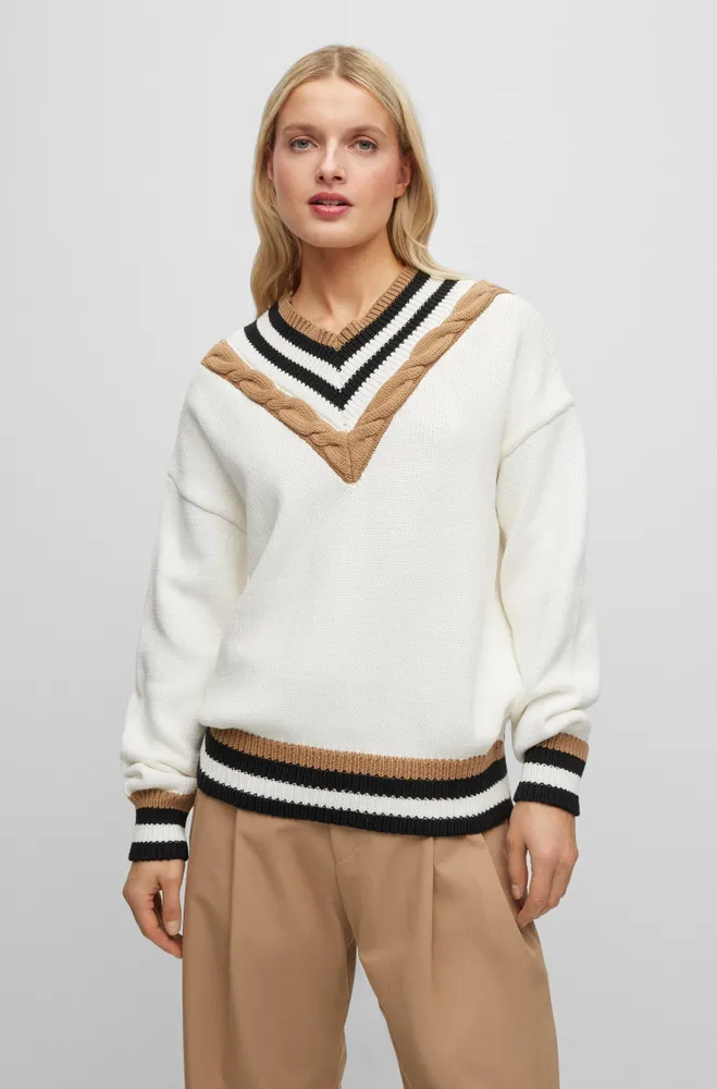 BOSS - Cotton-blend V-neck sweater with cabled structure