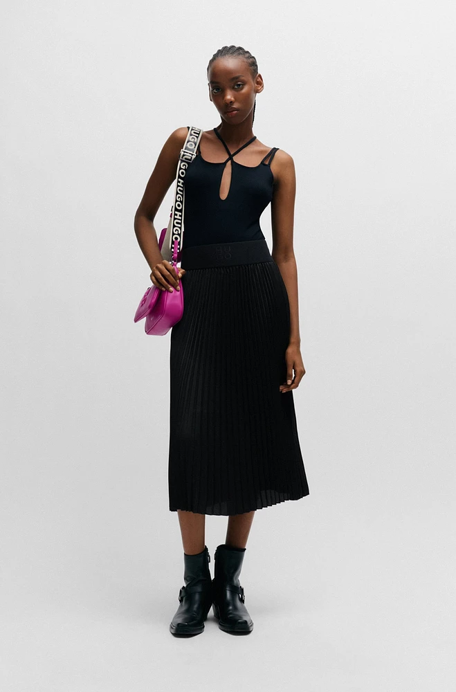 Plissé pleated midi skirt with stacked-logo waistband