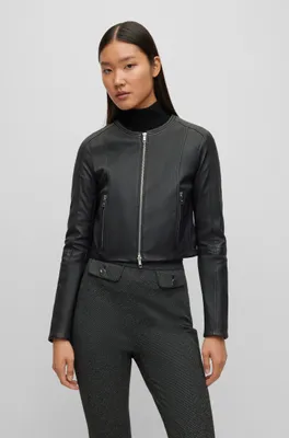 Collarless slim-fit jacket rich leather